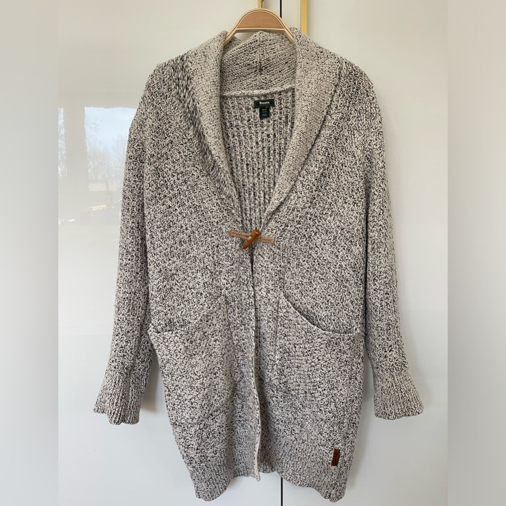 Roots Shawl Collar Toggle Cardigan in Marled Cream and Gray